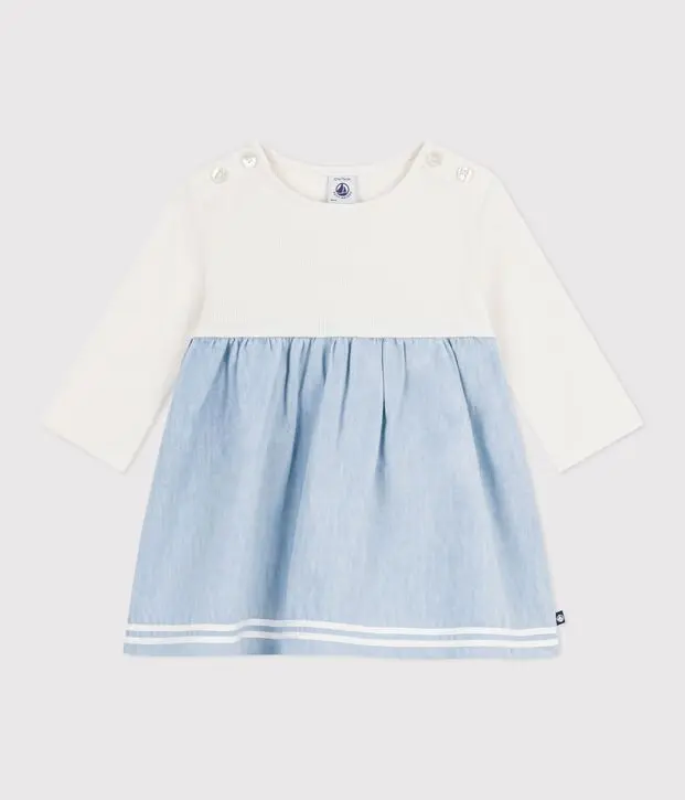 Abito bi-materiale a maniche lunghe in cotone e chambray neonata