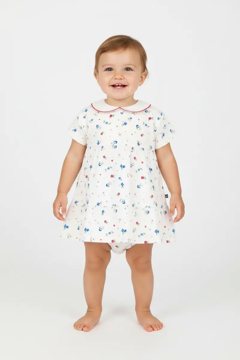 Abito neonata a maniche corte in cotone e bloomer abbinato con stampa a fiori