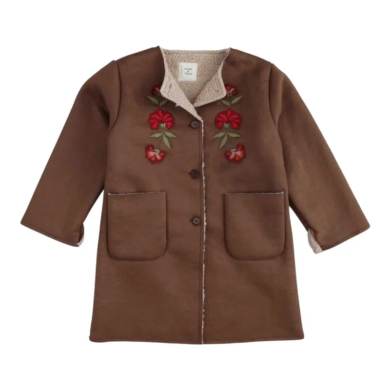 Babe & Tess Cappotto tinta unita con Ricami Marrone per Bambina