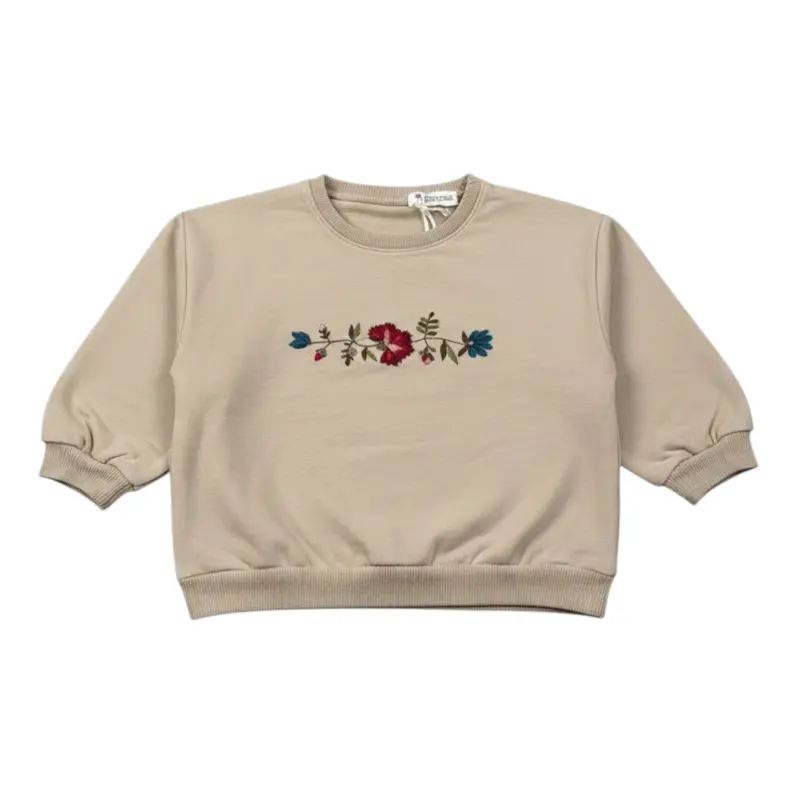 Babe & Tess Felpa Chiusa Girocollo tinta unita con Ricami Beige per Bambina