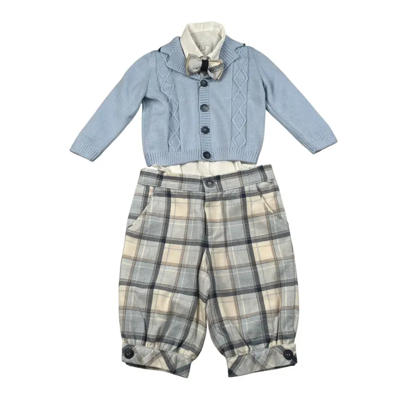 Baby A. Completo 4 Pezzi Cardigan-Camicia-Pantalone-Papillon Azzurro per Neonato