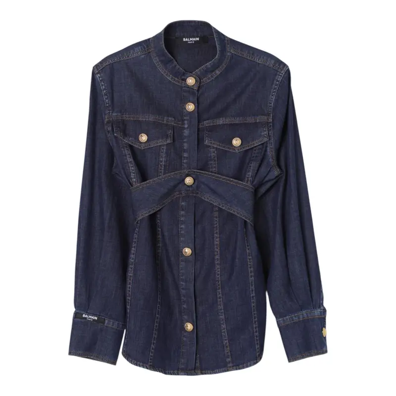 Balmain Camicia Manica Lunga tinta unita In Denim Blu per Bambina