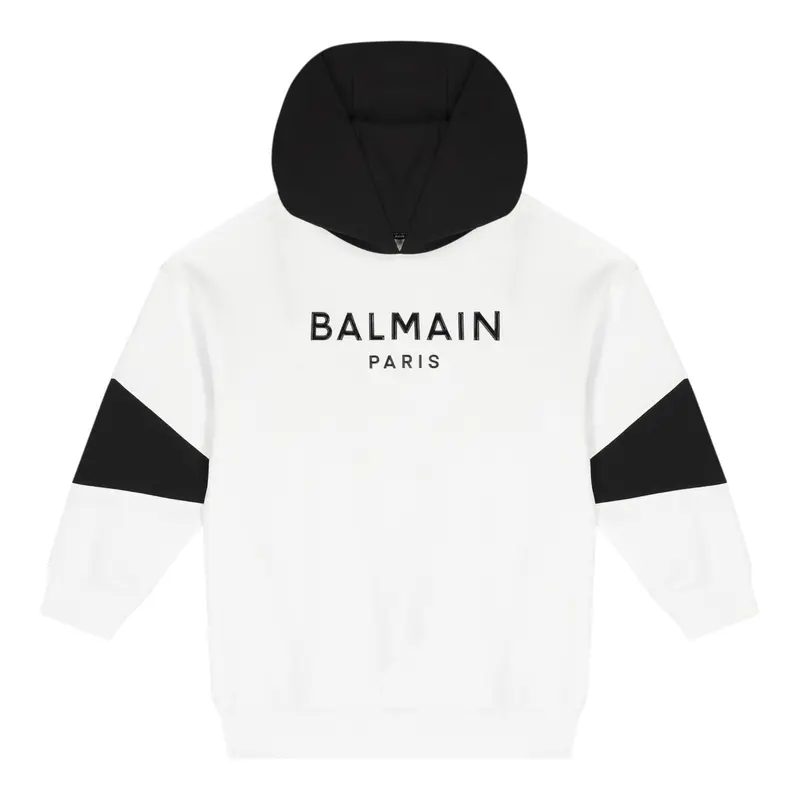 Balmain Felpa Chiusa con Cappuccio Bicolore Bianco/Nero per Bambino