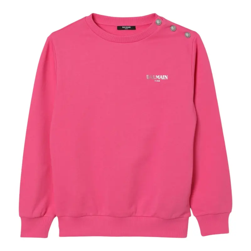 Balmain Felpa tinta unita con Stampa Fuxia per Bambina