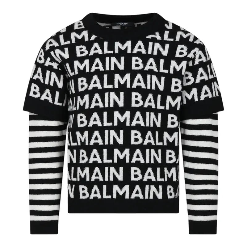 Balmain Maglia Girocollo tinta unita con Stampe Logo Nero per Bambino