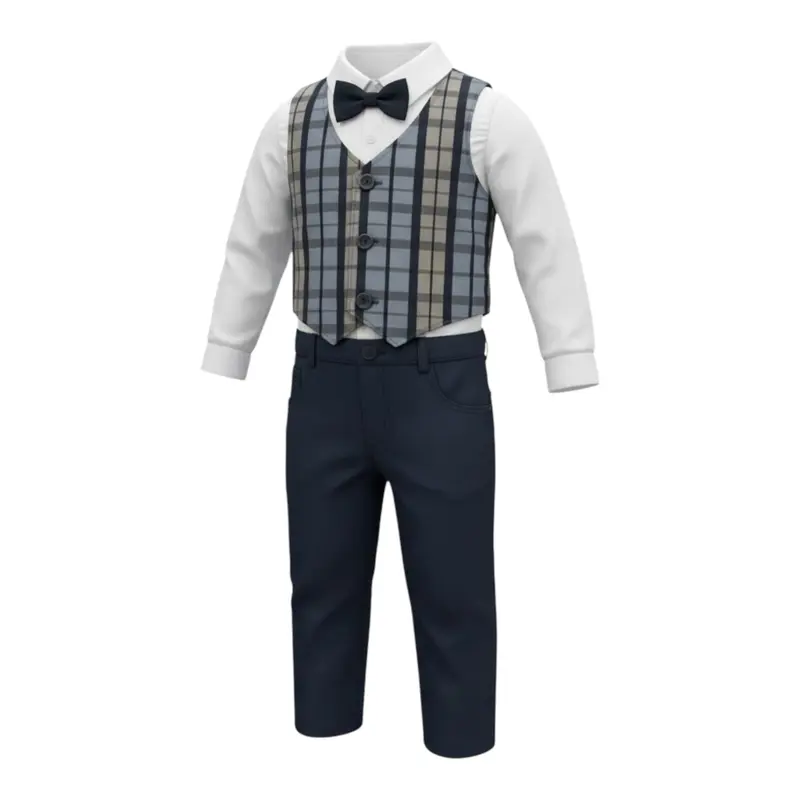Barcellino Abito Cerimonia 4Pz Camicia-Pantalone-Gilet-Papillon Blu per Neonato