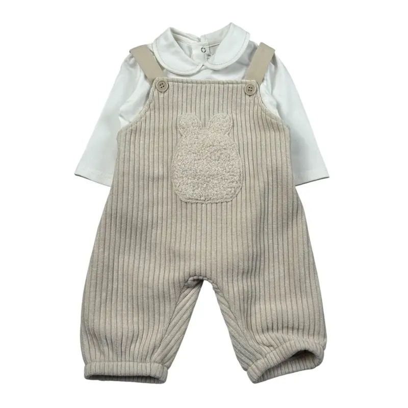 Barcellino Completo 2Pz Body-Salopette Bicolore Bianco/Beige per Neonato