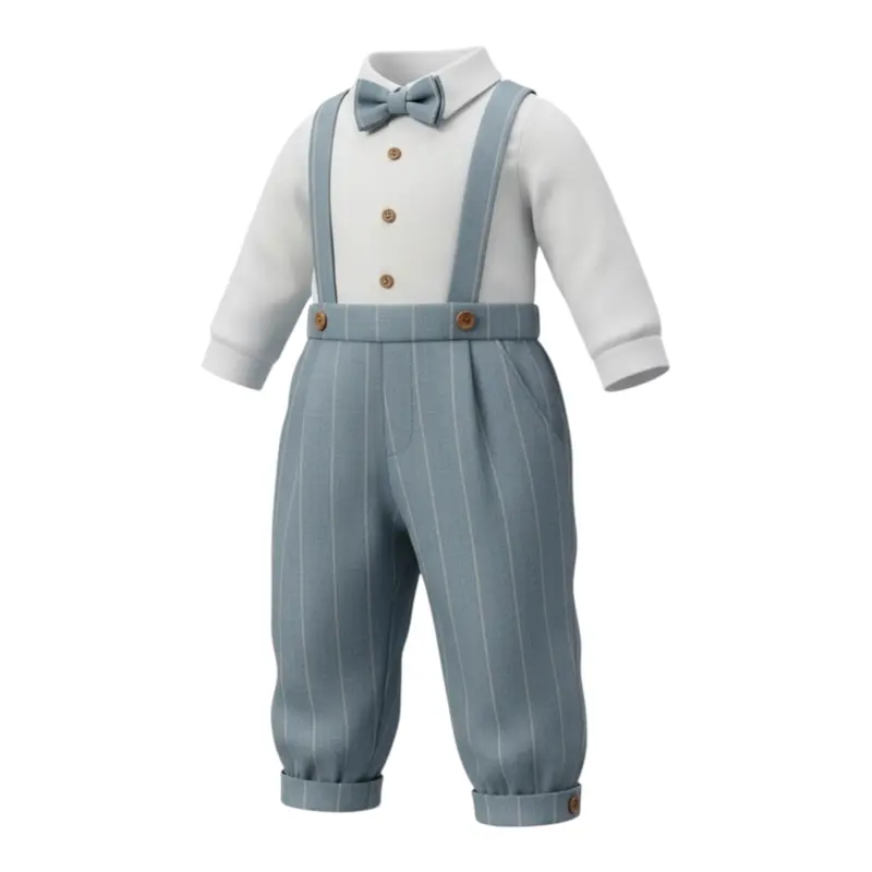 Barcellino Completo 3Pz Camicia Body-Papillon-Salopette-Cardigan Bianco per Neonato