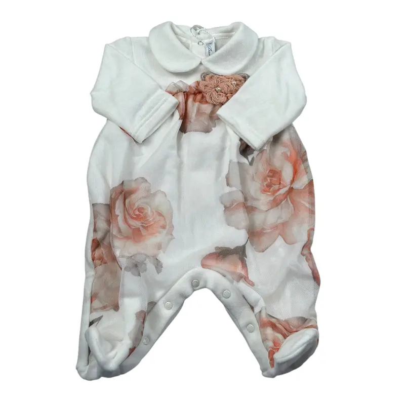 Barcellino Tutina Manica Lunga Fantasia Floreale Bianco per Neonata