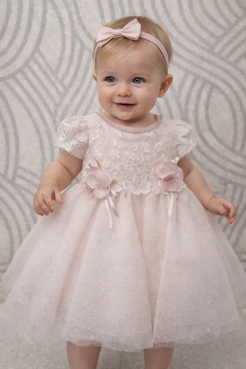 Battesimo Bambina vestito rosa cipria con piccole maniche a palloncini