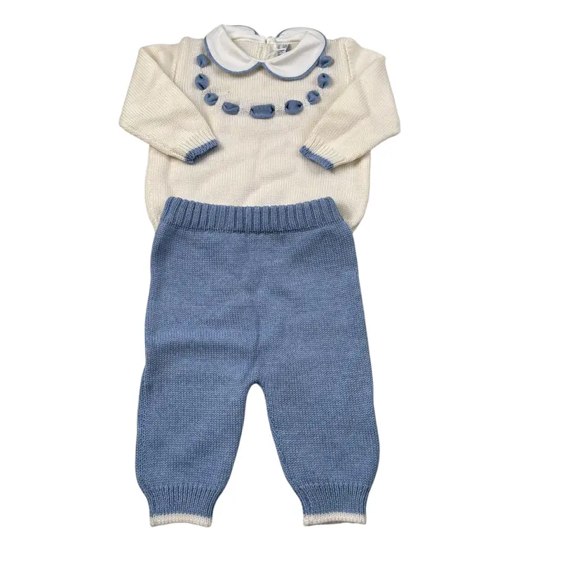 Bebe' Di Almy Completo 2 Pezzi Maglia-Pantalone Bicolore Panna/Azzurro per Neonato
