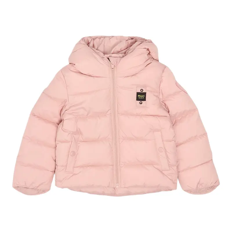 Blauer Giubbino tinta unita con Cappuccio E Zip Rosa per Neonata