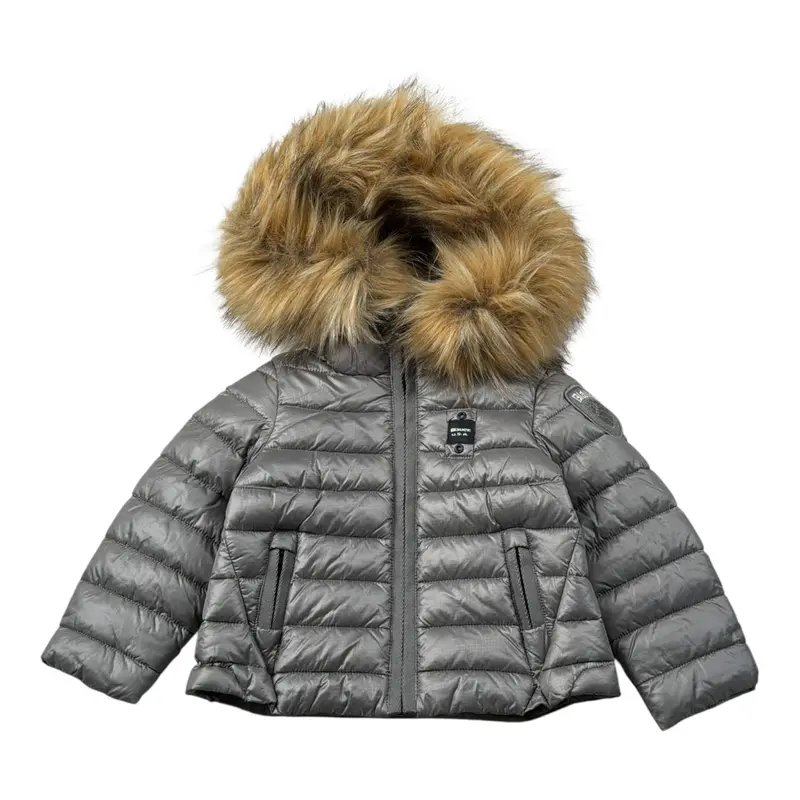 Blauer Giubbino tinta unita con Zip E Cappuccio Grigio per Neonata