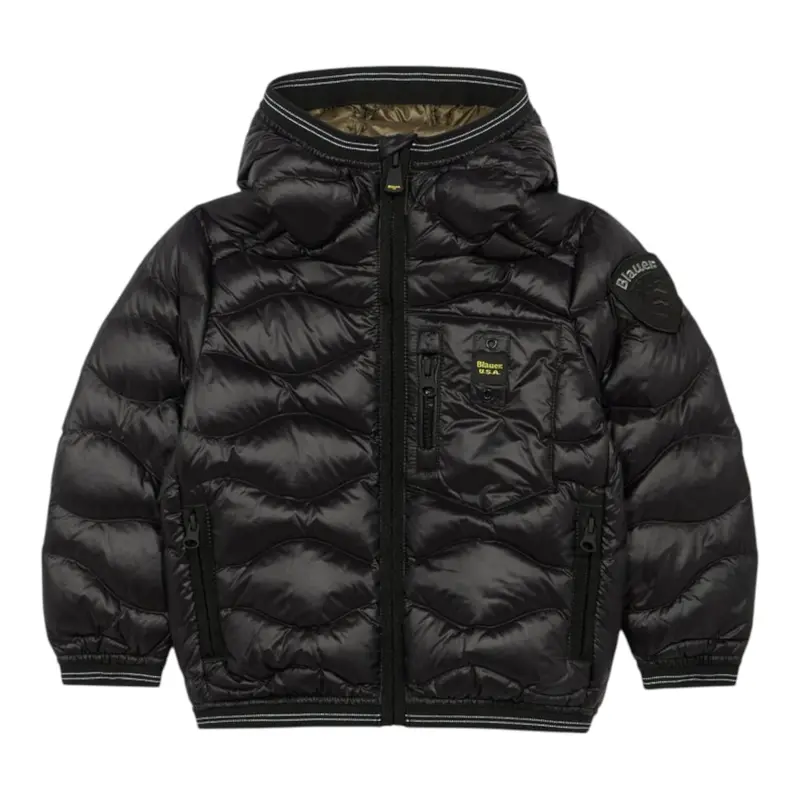 Blauer Giubbino tinta unita con Zip E Cappuccio Nero per Bambino