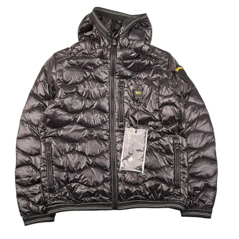 Blauer Giubbino tinta unita con Zip E Cappuccio Nero per Bambino