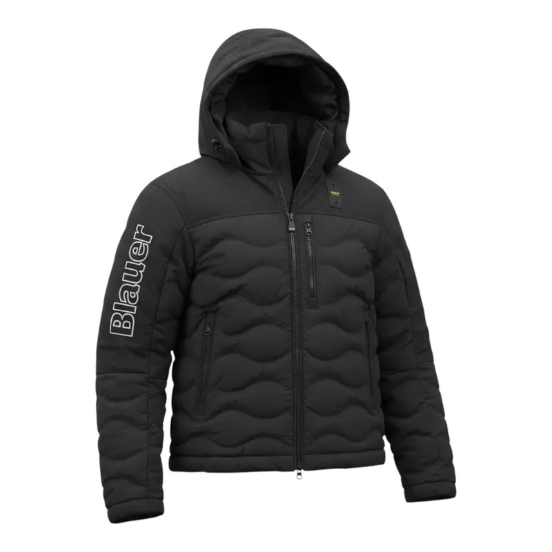 Blauer Giubbino tinta unita con Zip E Cappuccio Nero per Bambino