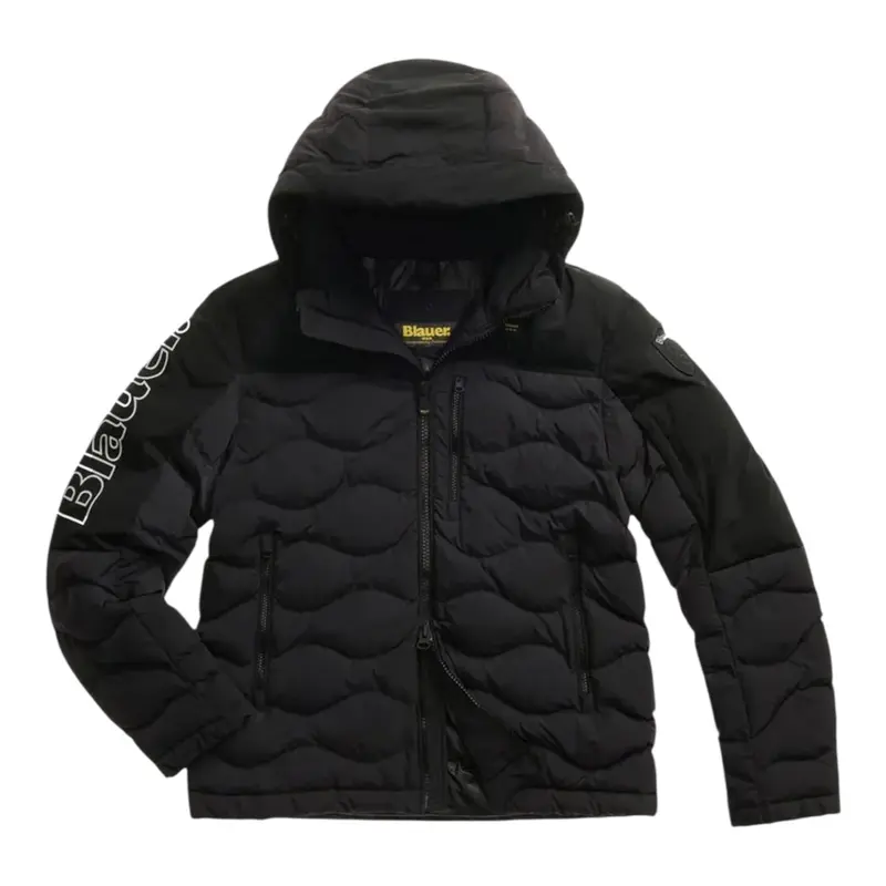 Blauer Giubbino tinta unita con Zip E Cappuccio Nero per Bambino
