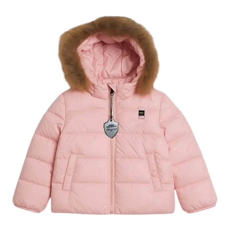 Blauer Giubbino tinta unita con Zip E Cappuccio Rosa per Neonata