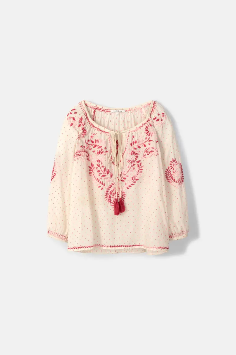 Blusa a Pois con Dettagli Ricamati