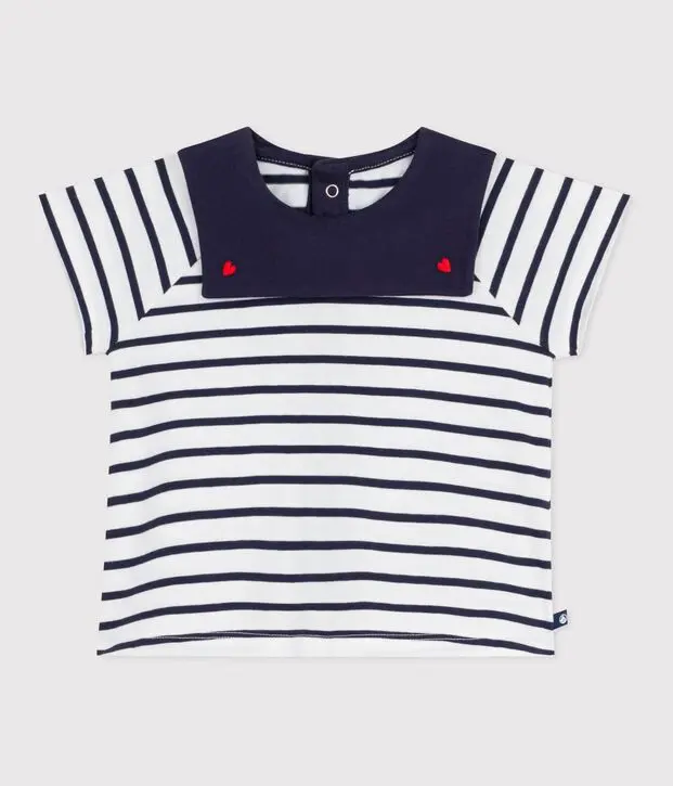 Blusa in cotone a righe marinière con colletto ricamato neonata
