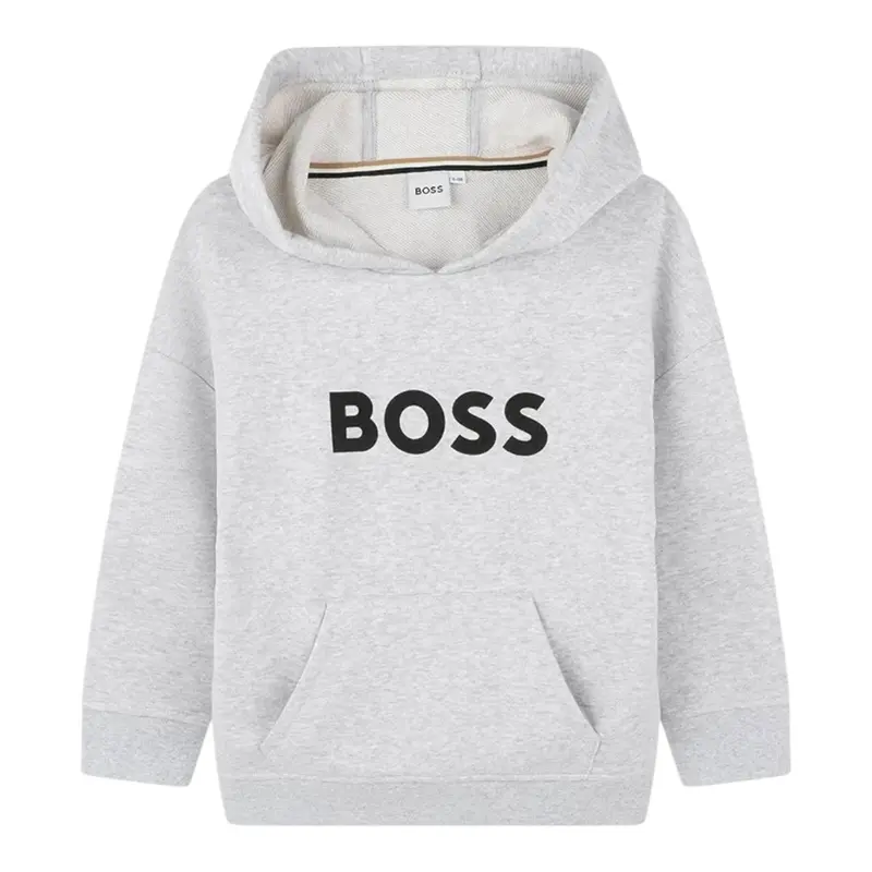 Boss Felpa tinta unita con Cappuccio E Stampa Grigio per Bambino