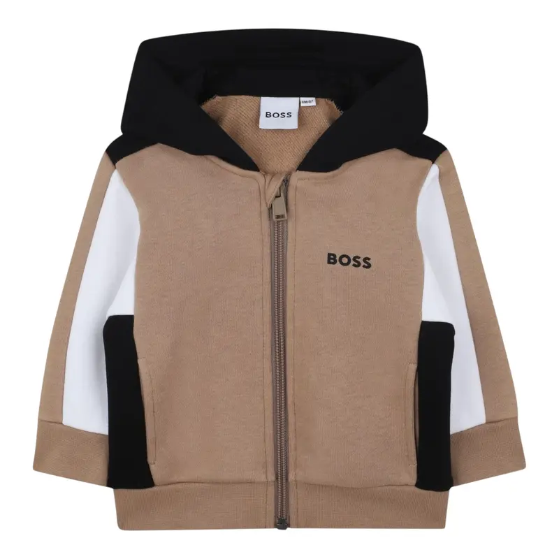 Boss Felpa tinta unita con Zip E Cappuccio Biscotto per Neonato