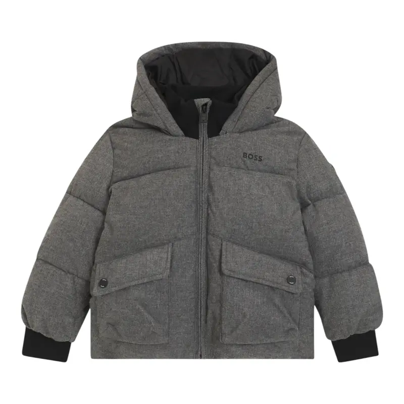 Boss Giubbino tinta unita con Zip E Cappuccio Grigio per Bambino
