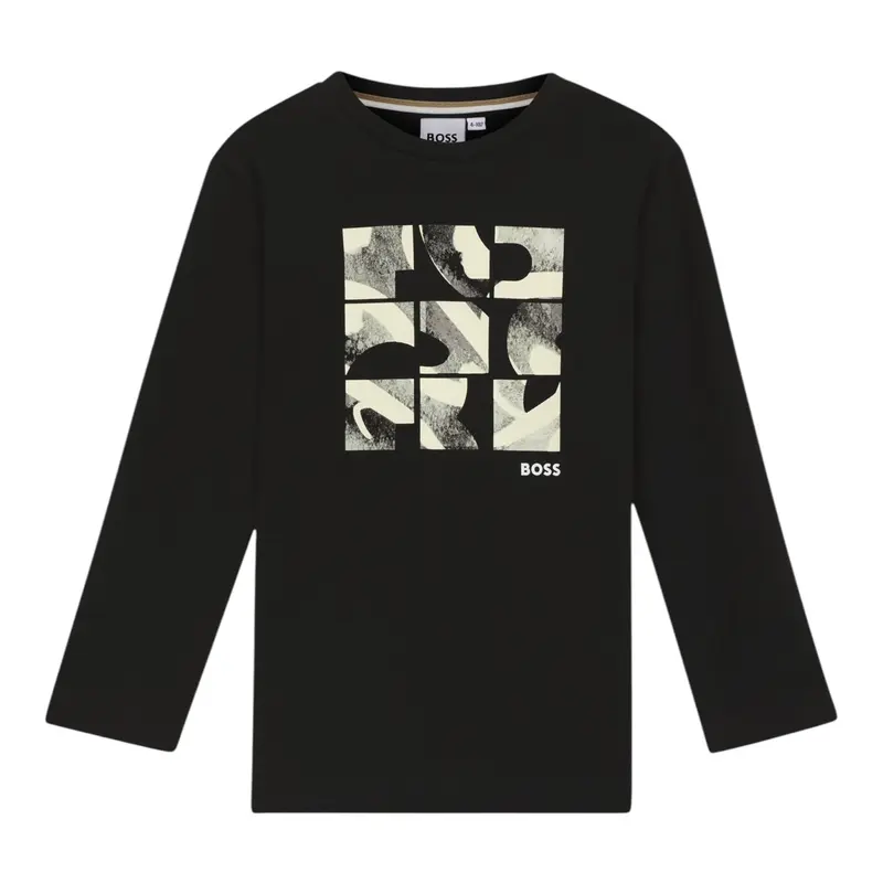 Boss Shirt Girocollo tinta unita con Stampa Nero per Bambino