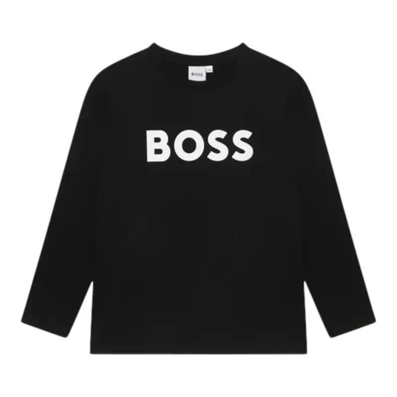 Boss Shirt Girocollo tinta unita con Stampa Nero per Bambino
