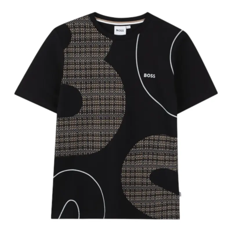 Boss T-Shirt Girocollo tinta unita con Stampa Nero per Bambino