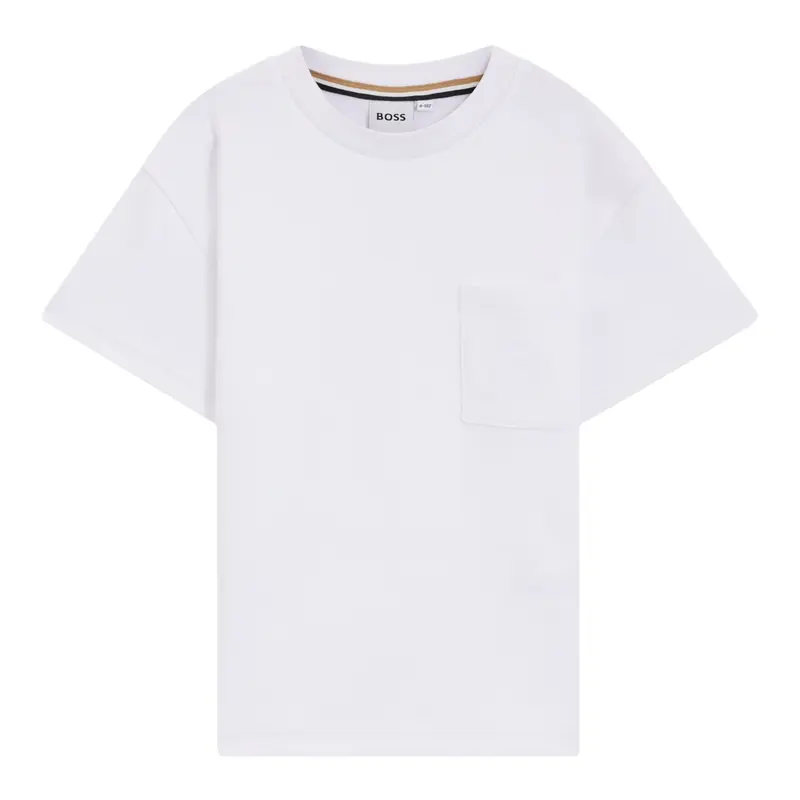 Boss T-Shirt Girocollo tinta unita con Taschino Bianco per Bambino