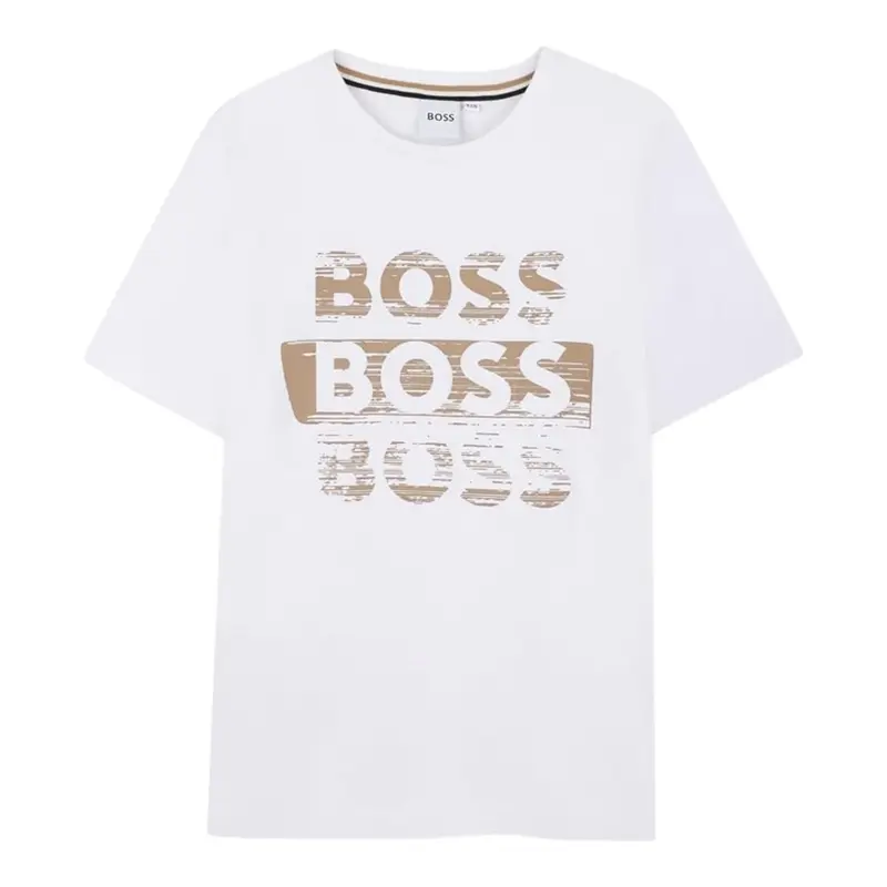 Boss T-Shirt tinta unita Girocollo con Stampa Bianco per Bambino