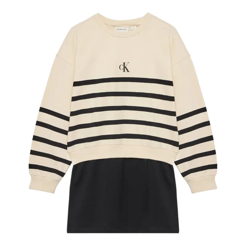 Calvin Klein Abito Manica Lunga tinta unita con Logo Panna per Bambina
