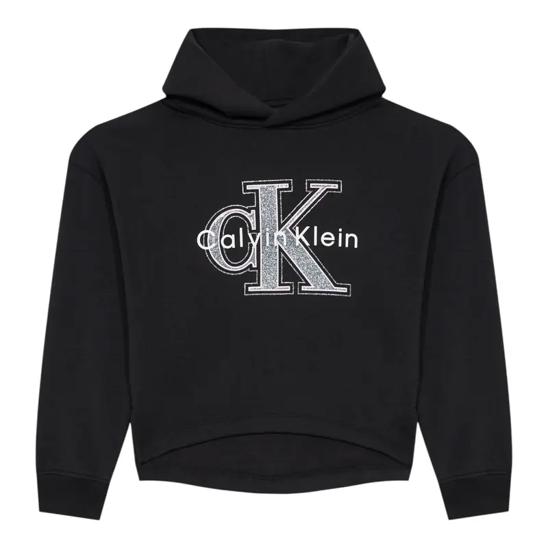 Calvin Klein Felpa Chiusa con Cappuccio tinta unita con Logo Nero per Bambina