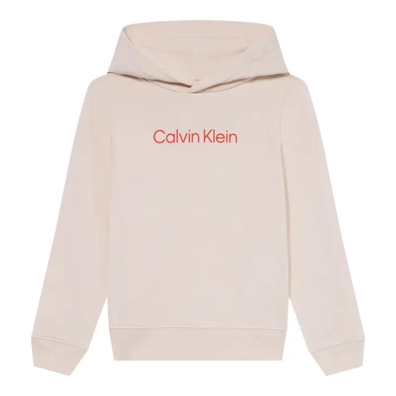 Calvin Klein Felpa Chiusa con Cappuccio tinta unita con Logo Panna per Bambino