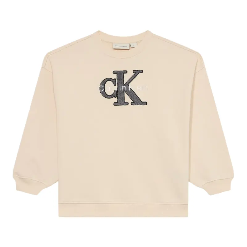Calvin Klein Felpa Chiusa Girocollo tinta unita con Logo Beige per Bambina