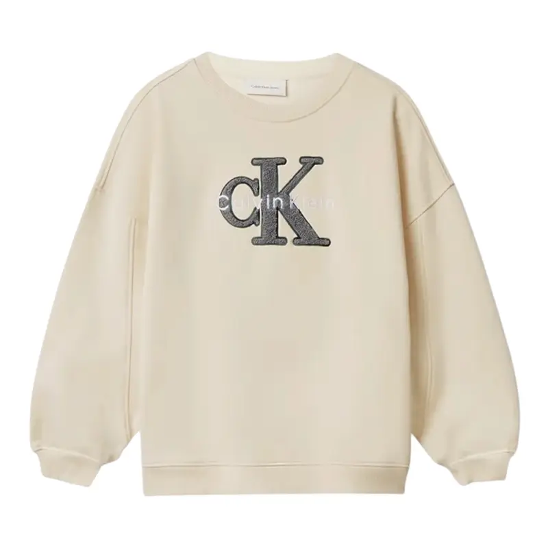 Calvin Klein Felpa Chiusa Girocollo tinta unita con Logo Beige per Bambina