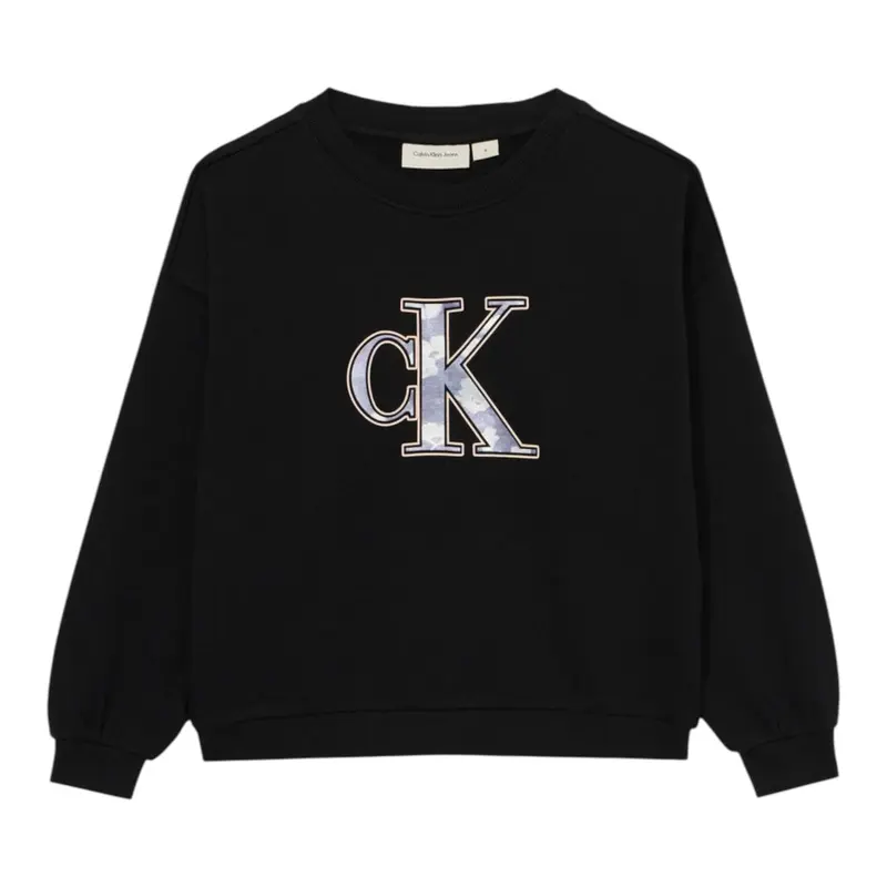 Calvin Klein Felpa tinta unita Girocollo con Logo Nero per Bambina