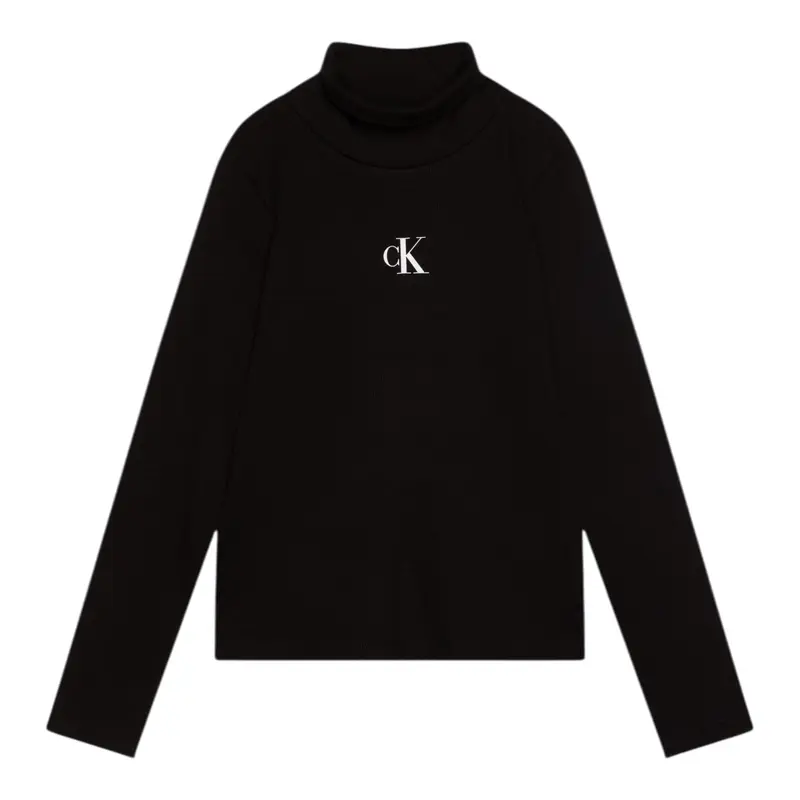 Calvin Klein Maglia tinta unita Collo Alto con Logo Nero per Bambina