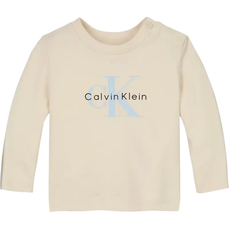Calvin Klein Shirt Girocollo tinta unita con Logo Panna per Neonato