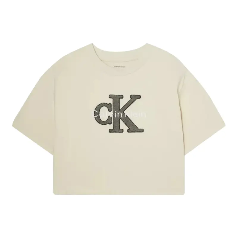 Calvin Klein T-Shirt Girocollo tinta unita con Logo Beige per Bambina