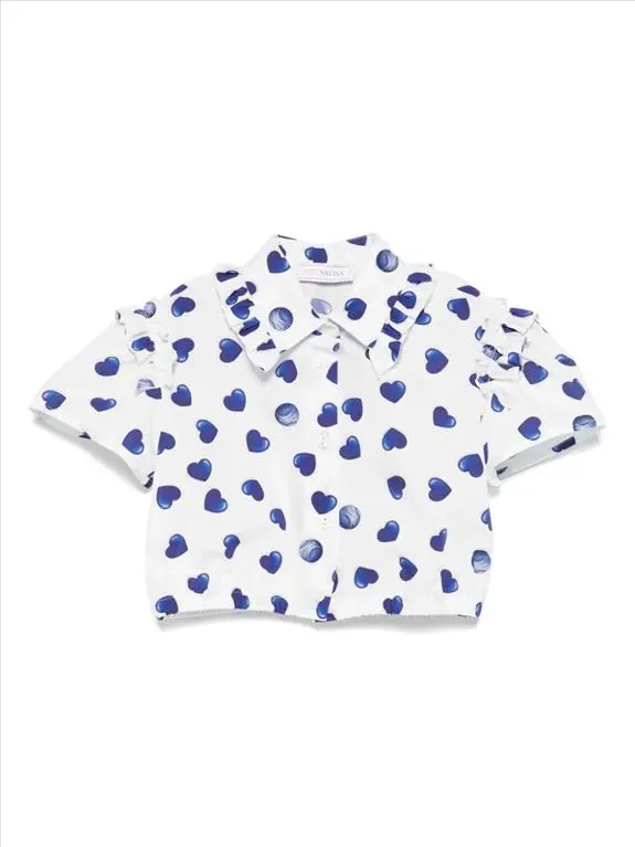 Camicia bianca con raffinata stampa di cuori blu Monnalisa.