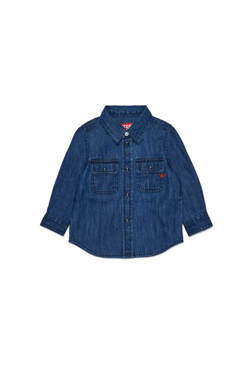 CAMICIA IN DENIM BLU SCURO CON LOGO ROSSO DIESEL
