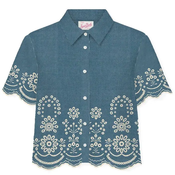 CAMICIA MC2 SAINT BARTH IN LINO BLU E PIZZO SANGALLO
