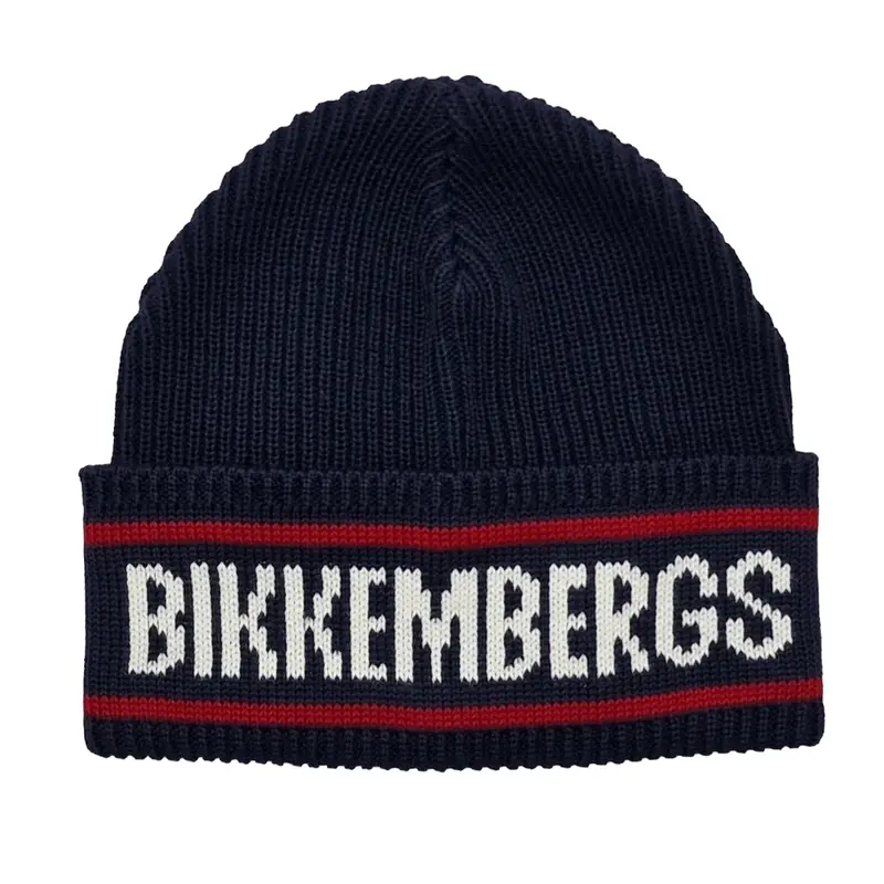 Cappello bambino blu con logo a contrasto rosso Bikkemberg
