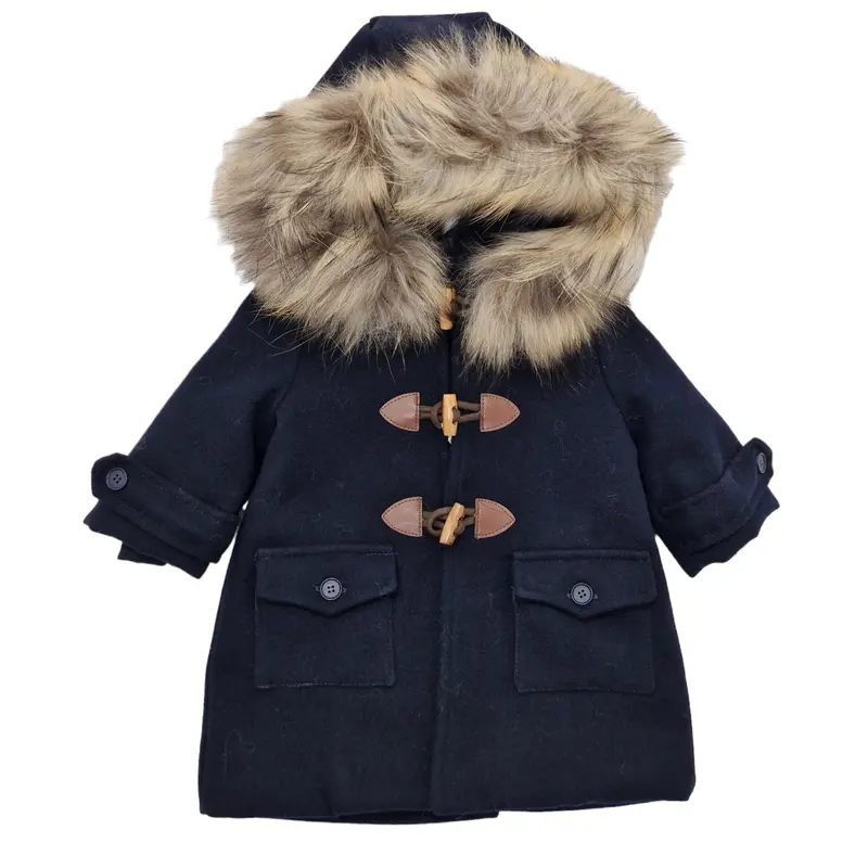 Cappotto bambino in panno con cappuccio con pelliccia
