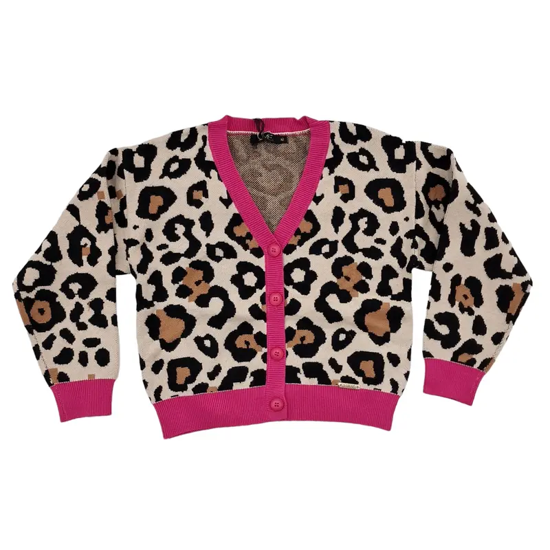 Cardigan bambina maculato con bordo fuxia