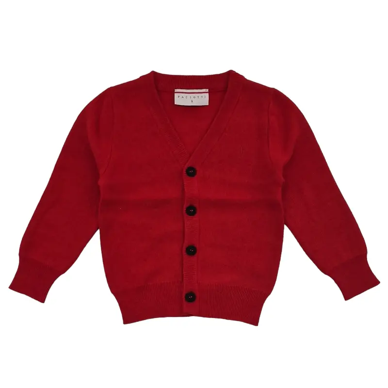 Cardigan bambino rosso con ricamo sul retro