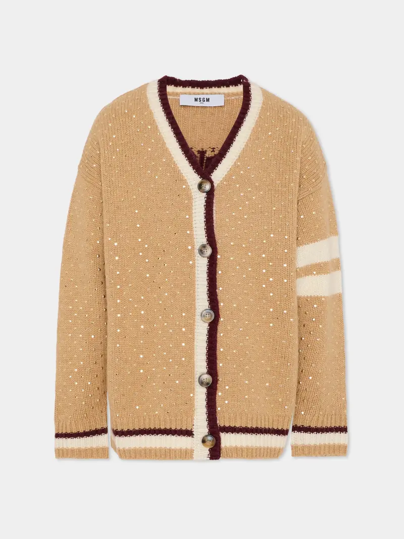 CARDIGAN BEIGE CON BORCHIE SCOLLO A V LOGO SUL RETRO MSGM