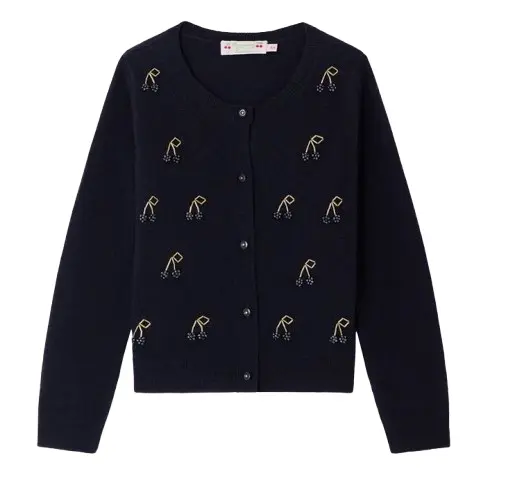 Cardigan Marisha blu navy con ciliegie e perle ricamate a mano in cashmere